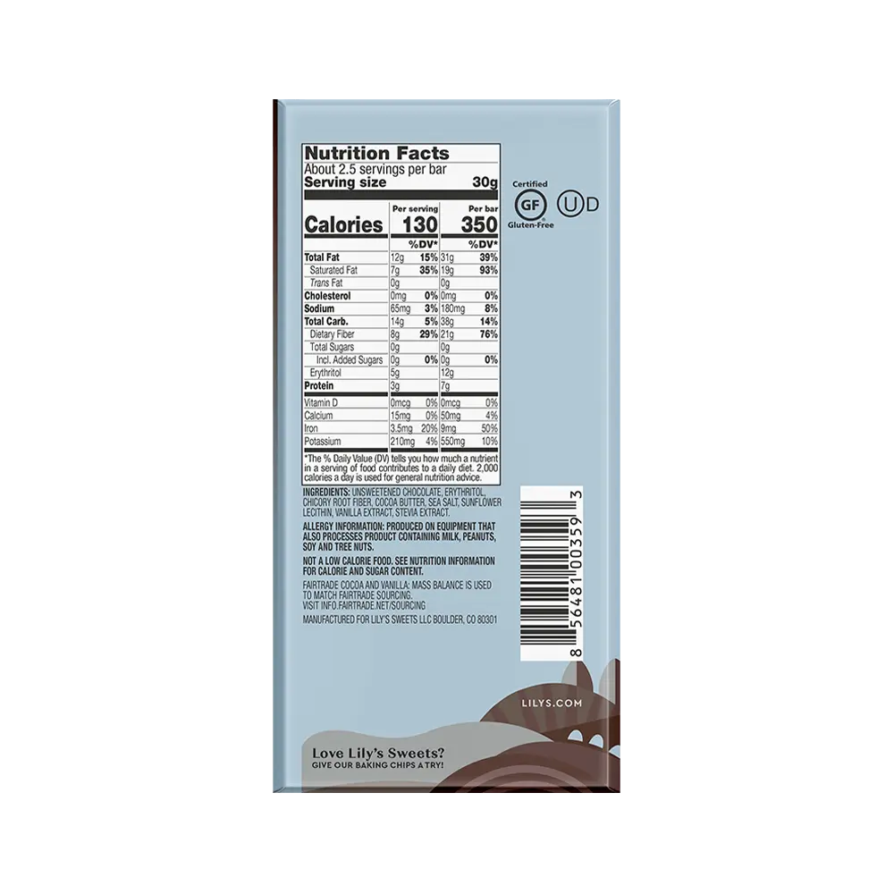 Sea Salt Sugar Free Extra Dark Chocolate Style Bar 70% by Lily's, 80 g