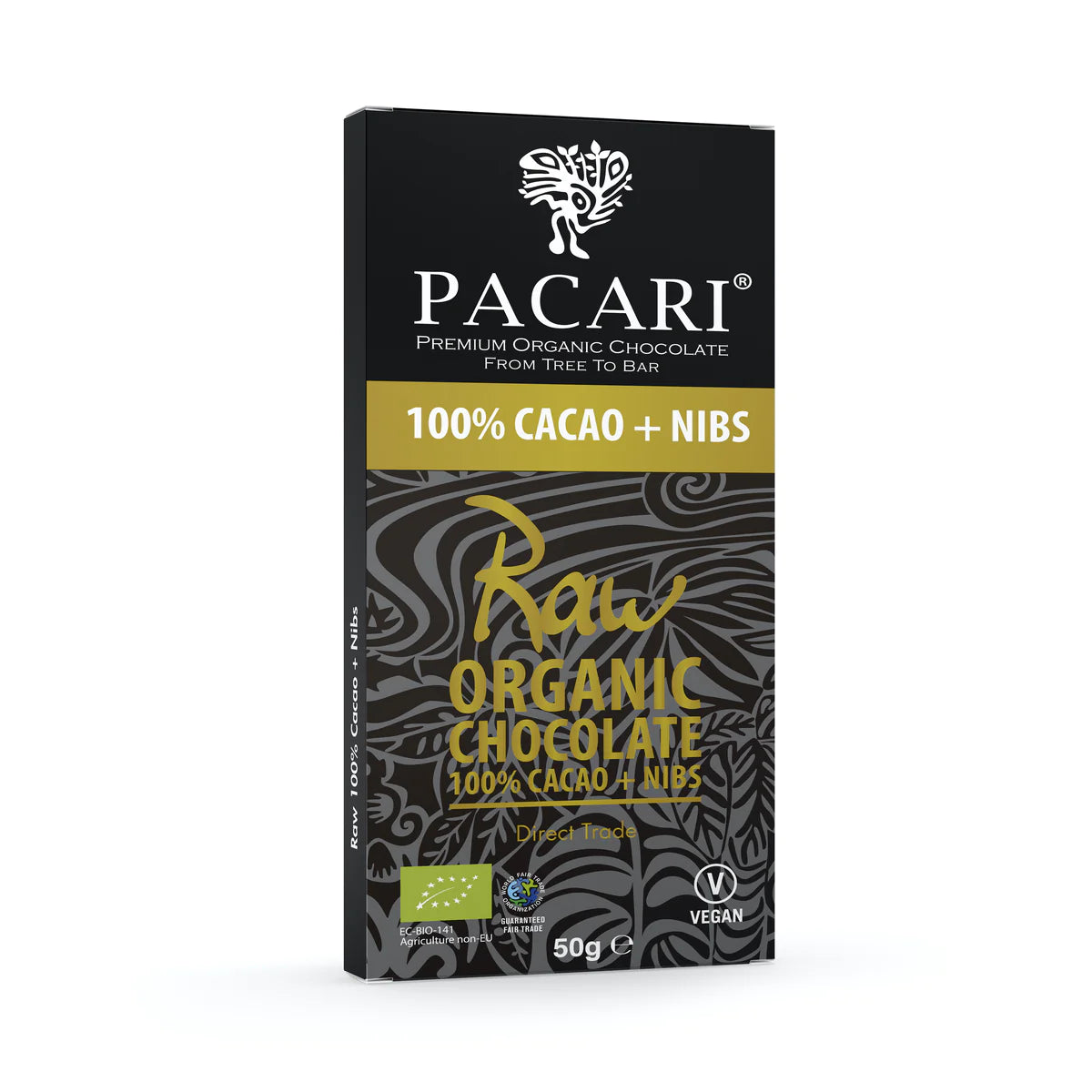 Raw (Unroasted) Organic Chocolate Bar 100% & Nibs by Pacari, 50 g