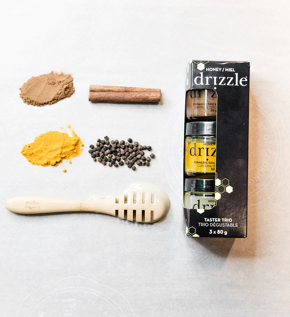 Raw Honey Taster Trio - White, Cinnamon Spiced and Turmeric Gold Minis by Drizzle, 350g