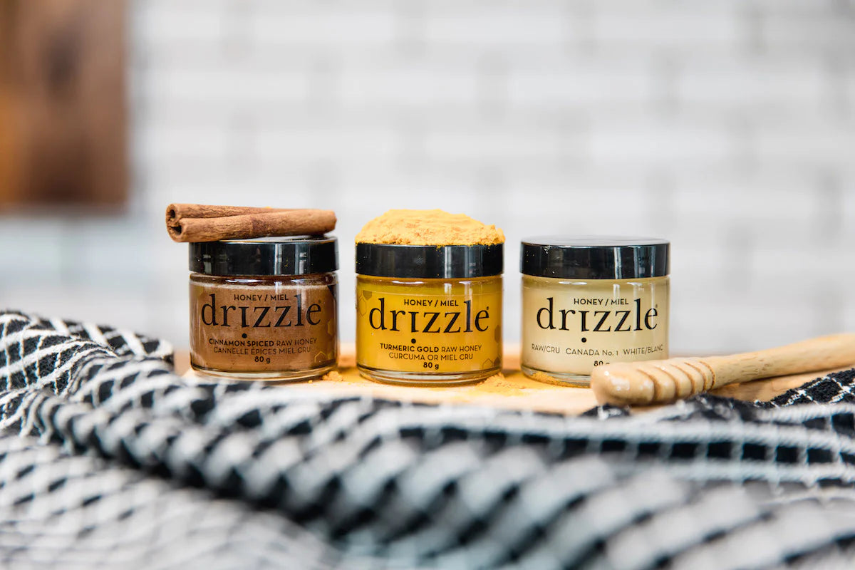 Raw Honey Taster Trio - White, Cinnamon Spiced and Turmeric Gold Minis by Drizzle, 350g