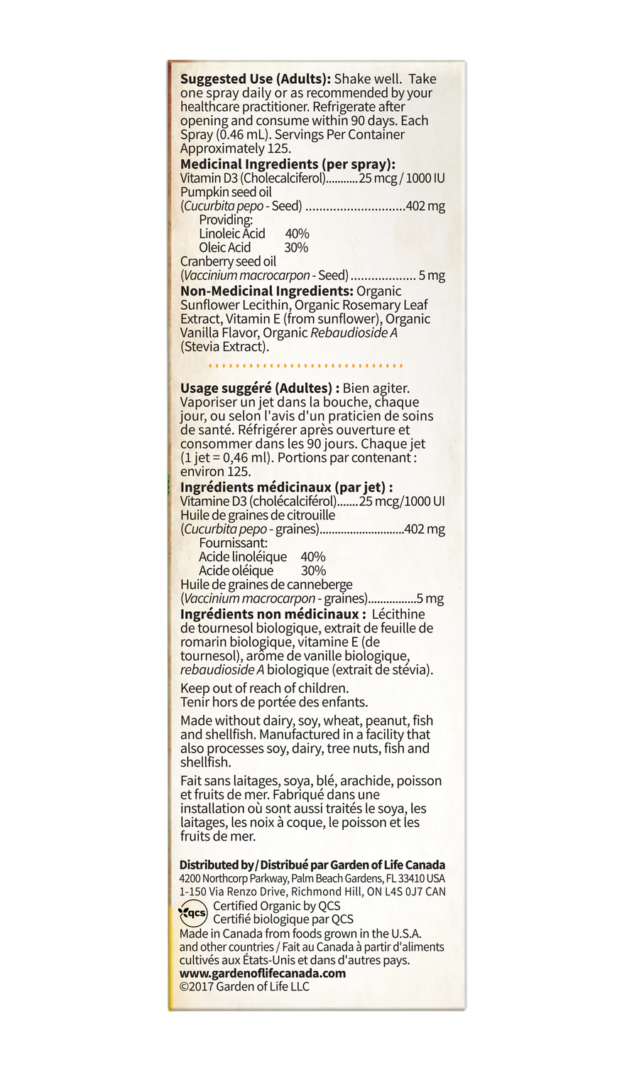 Organic Vitamin D3 Spray by Garden of Life, 58ml