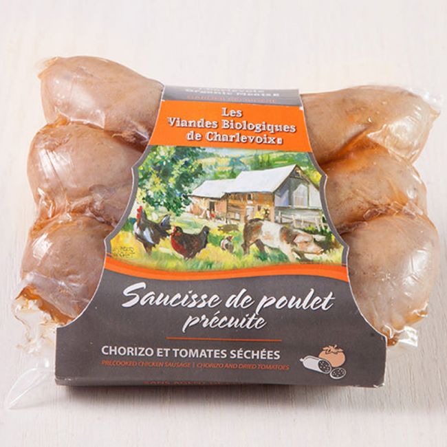 Precooked Chicken Sausage Chorizo and dried Tomatoes by Les Viandes de Charlevoix in QC. (Fresh/Frozen),