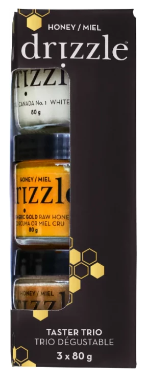 Raw Honey Taster Trio - White, Cinnamon Spiced and Turmeric Gold Minis by Drizzle, 350g