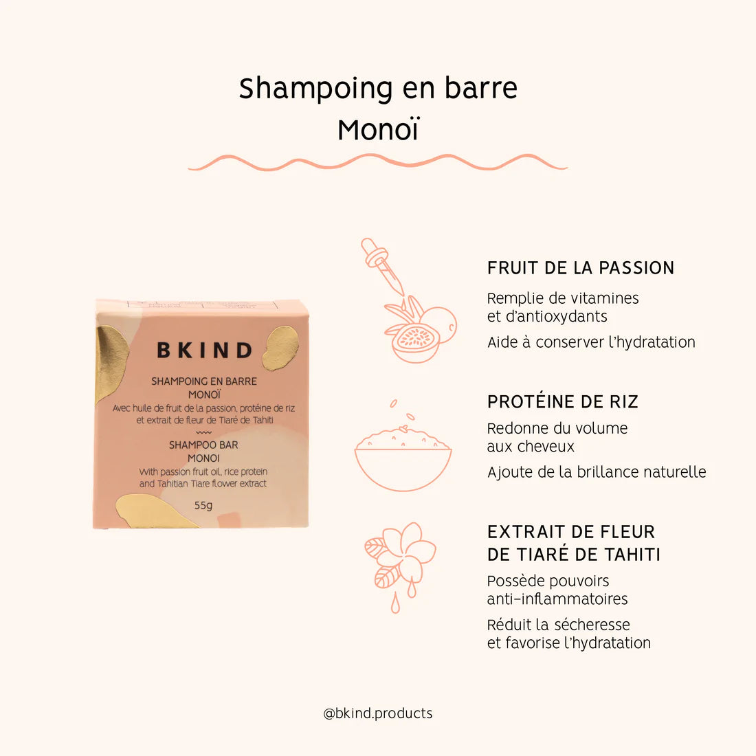 Monoi Shampoo Bar by BKIND, 55 g